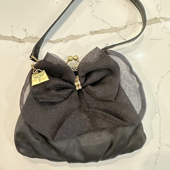 VTG Jeanne Lottie Black Satin Gold Trim and Jeweled Large Bow Strap Small Purse - Picture 1 of 6
